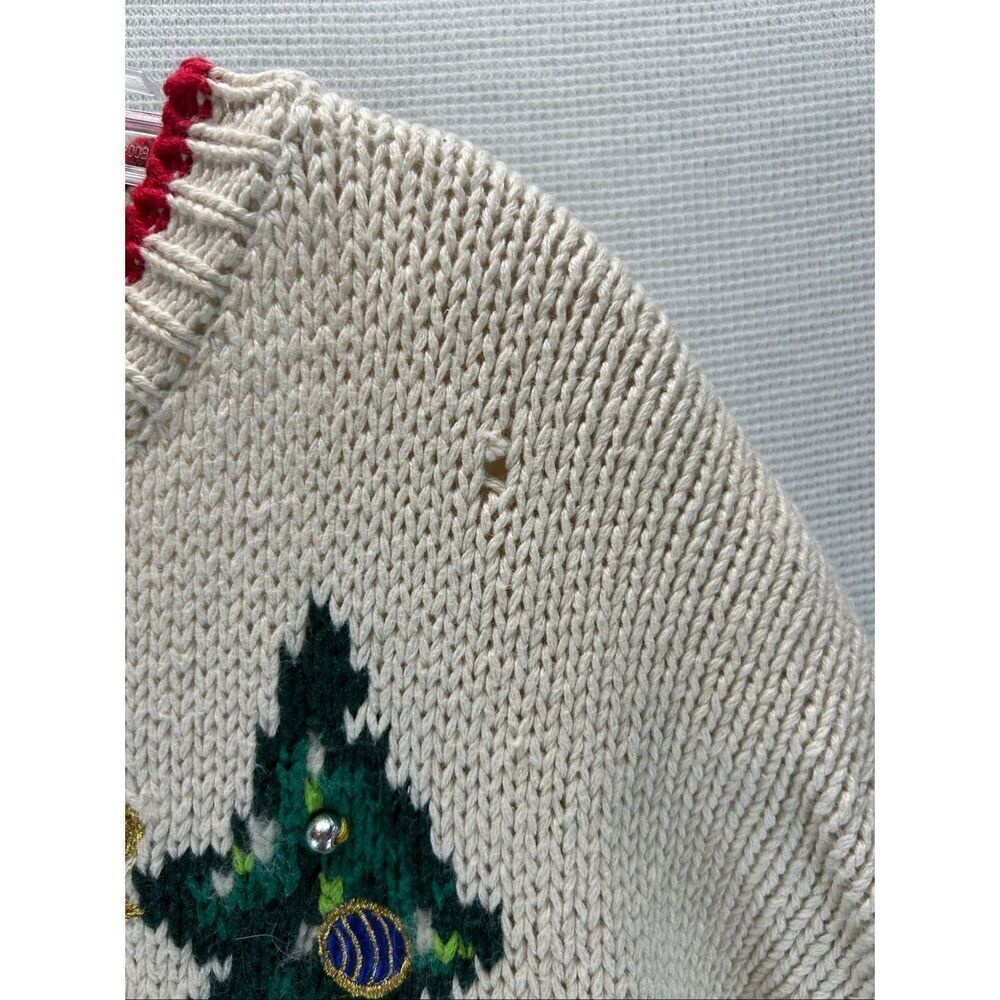 Vtg Casual Corner Christmas Sweater M Hand Knit Bear Tree Beaded Cottage Holiday - Picture 9 of 16